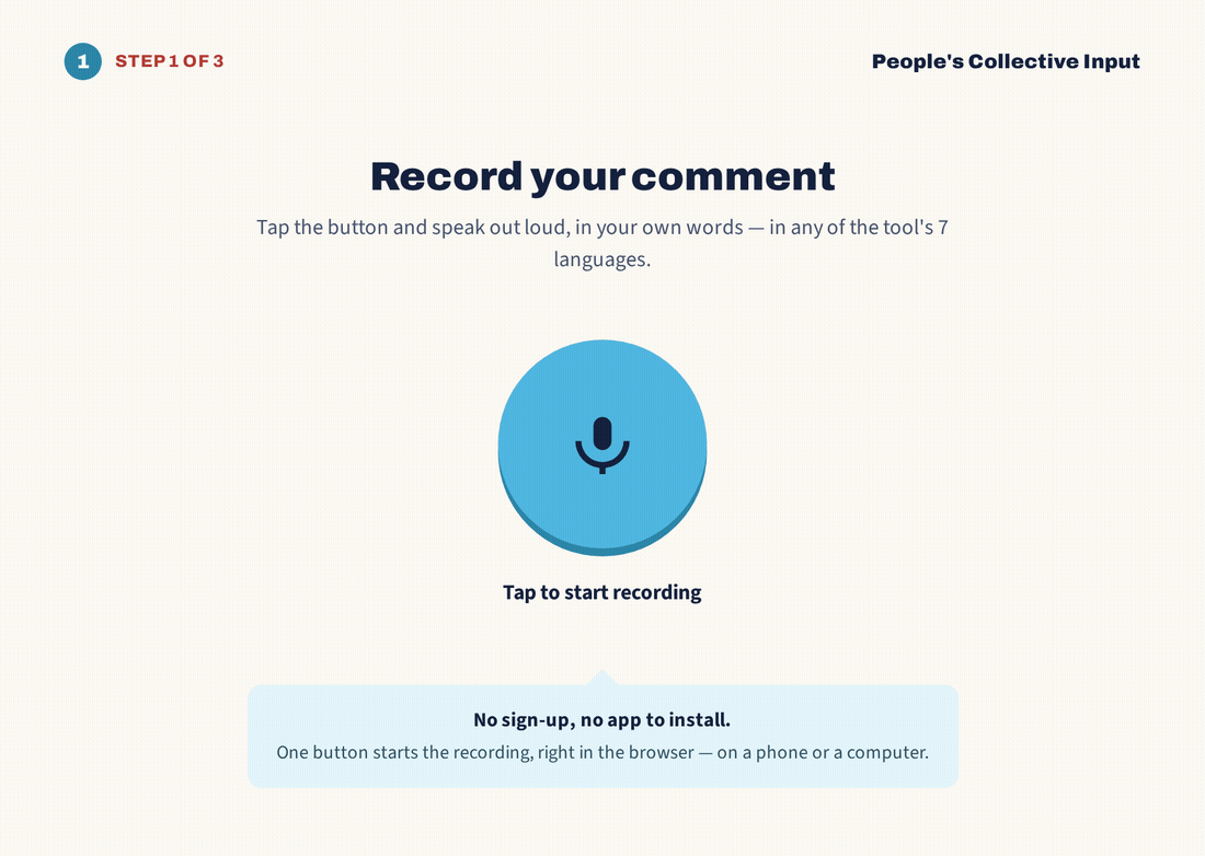 Animated walkthrough: record your comment, review and copy the text, then paste it into the official SCC filing form